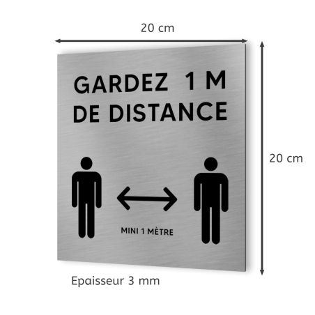 Pictogramme format 20 cm x 20 cm en Dibond Aluminium brossé - Modèle Distanciation sociale 1 mètre