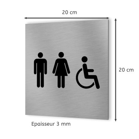 Pictogramme WC format 20 cm x 20 cm en Dibond Aluminium brossé - Modèle toilettes TRIO