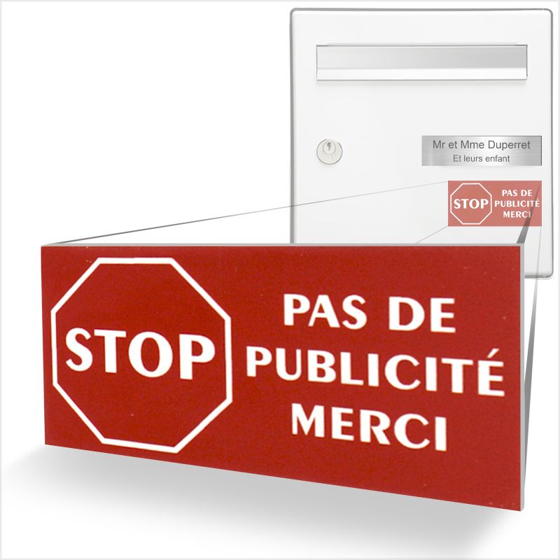 Plaque adhésive STOP PUB pour boite aux lettres couleur rouge lettres blanches 8 x 4 cm - Gravure laser Plaque adhésive STOP PUB pour boite aux lettres couleur rouge lettres blanches 8 x 4 cm - Gravure laser