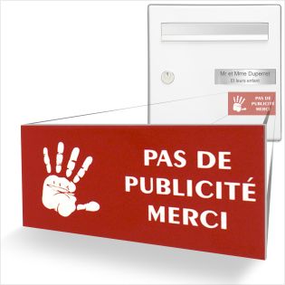 etiquette boite aux lettres adhésive STOP PUB logo main couleur rouge lettres blanches 8 x 4 cm - Gravure laser