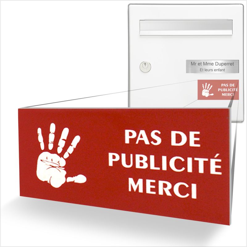 Plaque adhésive STOP PUB logo main pour boite aux lettres couleur rouge lettres blanches 8 x 4 cm - Gravure laser Plaque adhésive STOP PUB logo main pour boite aux lettres couleur rouge lettres blanches 8 x 4 cm - Gravure laser