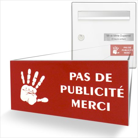 Plaque adhésive STOP PUB logo main pour boite aux lettres couleur rouge lettres blanches 8 x 4 cm - Gravure laser
