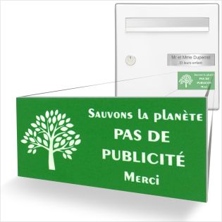Plaque adhésive STOP PUB "Sauvons la planète" pour boite aux lettres couleur vert lettres blanches 8 x 4 cm - Gravure laser