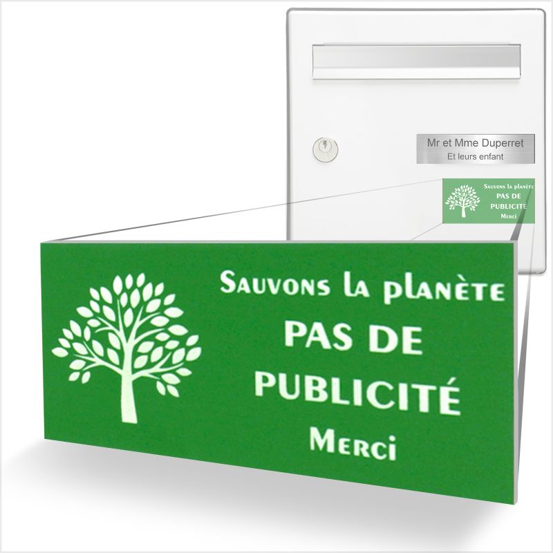 Plaque adhésive STOP PUB "Sauvons la planète" pour boite aux lettres couleur vert lettres blanches 8 x 4 cm - Gravure laser Plaque adhésive STOP PUB "Sauvons la planète" pour boite aux lettres couleur vert lettres blanches 8 x 4 cm - Gravure laser