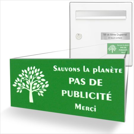 Plaque adhésive STOP PUB "Sauvons la planète" pour boite aux lettres couleur vert lettres blanches 8 x 4 cm - Gravure laser