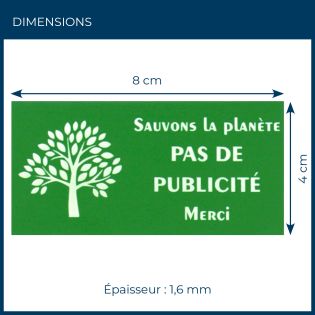 Plaque adhésive STOP PUB "Sauvons la planète" pour boite aux lettres couleur vert lettres blanches 8 x 4 cm - Gravure laser