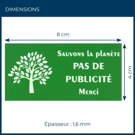 Plaque adhésive STOP PUB "Sauvons la planète" pour boite aux lettres couleur vert lettres blanches 8 x 4 cm - Gravure laser
