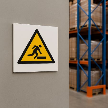 Pictogramme Danger Trébuchement - Panneau signalétique Dibond blanc - Triangle jaune orangé bordé noir - 20x20 cm, épaisseur 3 m