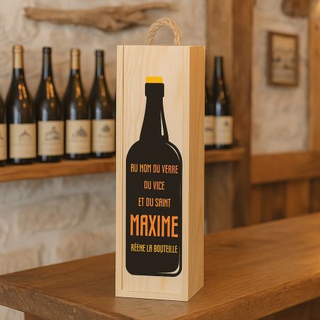 Caisse en bois personnalisable pour 1 bouteille -Cadeau anniversaire Noël - Modèle Au nom du verre ramène la bouteille (vin)