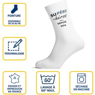 Chaussettes personnalisées Supère-Héros - Accessoire homme coton blanc - Cadeau fête des pères anniversaire, tailles S M L