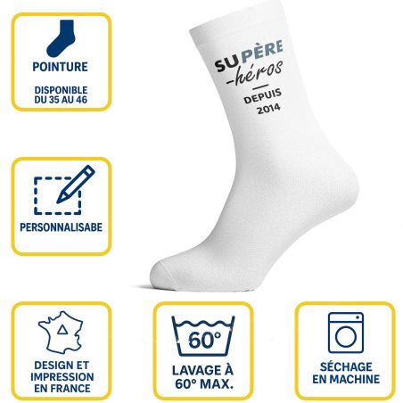 Chaussettes personnalisées Supère-Héros - Accessoire homme coton blanc - Cadeau fête des pères anniversaire, tailles S M L
