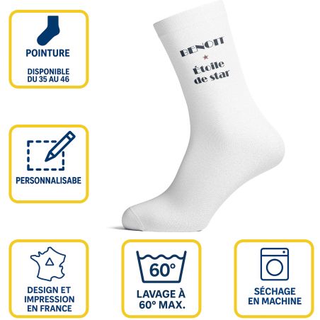 Chaussettes personnalisées prénom - Paire de chaussettes coton sublimation - Blanc, design Hollywood Walk of Fame - Tailles S à 