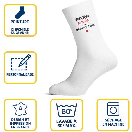 Chaussettes personnalisées Papa Poule - Accessoire homme coton blanc - Texte personnalisable, tailles S M L, cadeau fête des pèr