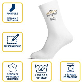 Chaussettes personnalisées anniversaire - Paire de chaussettes coton blanc - Sublimation prénom - Tailles S M L disponibles