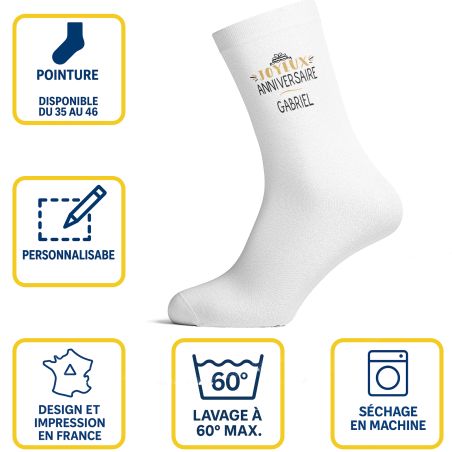 Chaussettes personnalisées anniversaire - Paire de chaussettes coton blanc - Sublimation prénom - Tailles S M L disponibles