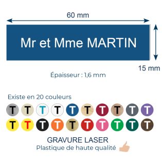 Plaque adhésive interphone personnalisée - Étiquette PVC bleue lettres blanches - Gravure laser durable - 60x15 mm, épaisseur 1,