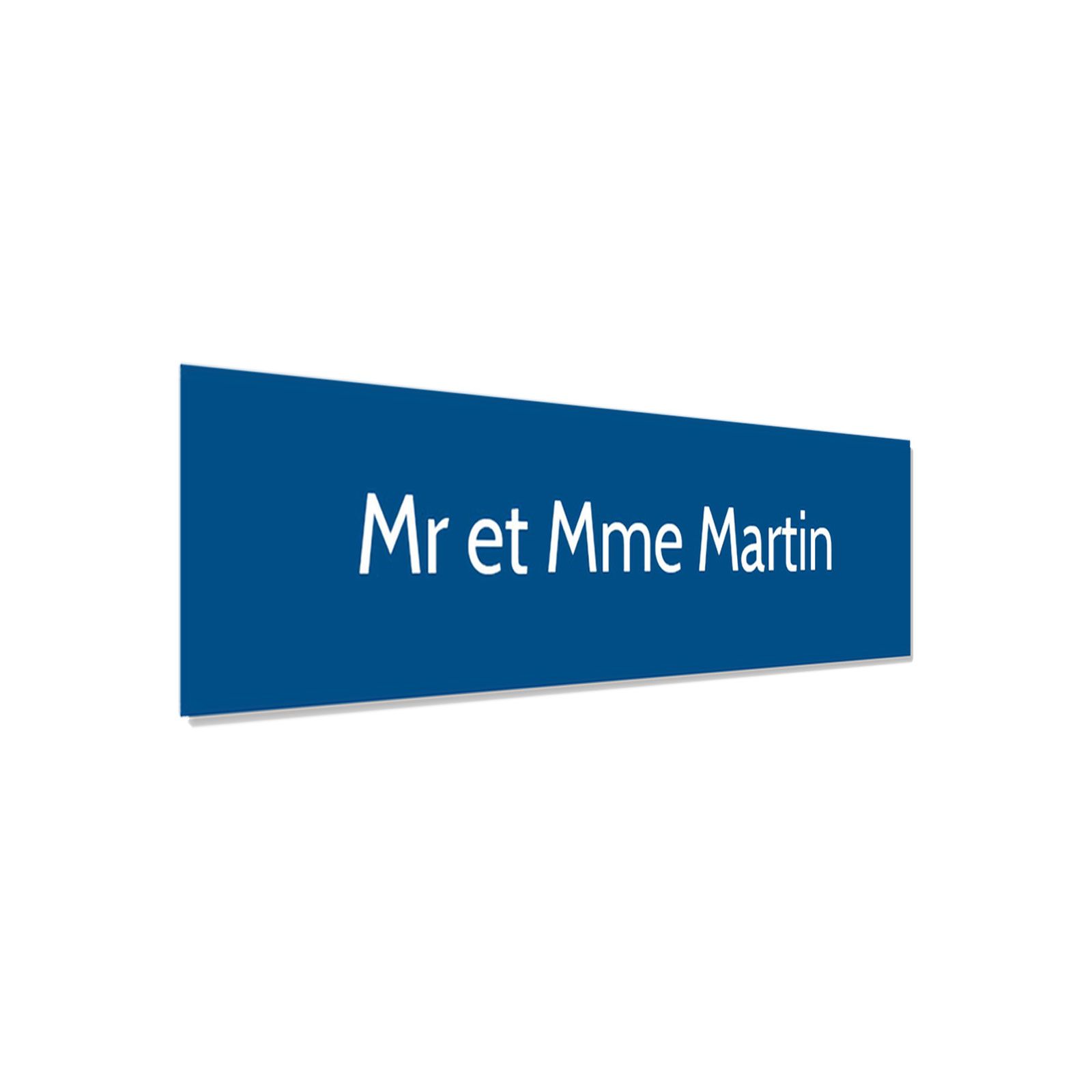Plaque adhésive interphone personnalisée - Étiquette PVC bleue lettres blanches - Gravure laser durable - 60x15 mm, épaisseur 1,