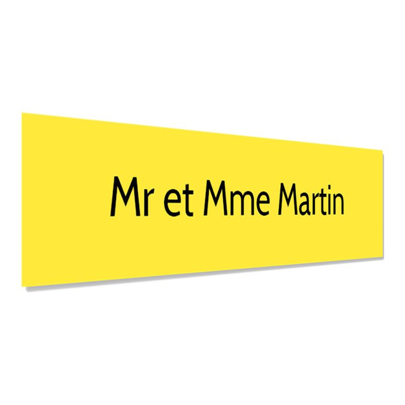 Plaque adhésive interphone personnalisée gravure laser - PVC jaune lettres noires - 60x15 mm, épaisseur 1,6 mm, adhésif 3M doubl Plaque adhésive interphone personnalisée gravure laser - PVC jaune lettres noires - 60x15 mm, épaisseur 1,6 mm, adhésif 3M doubl
