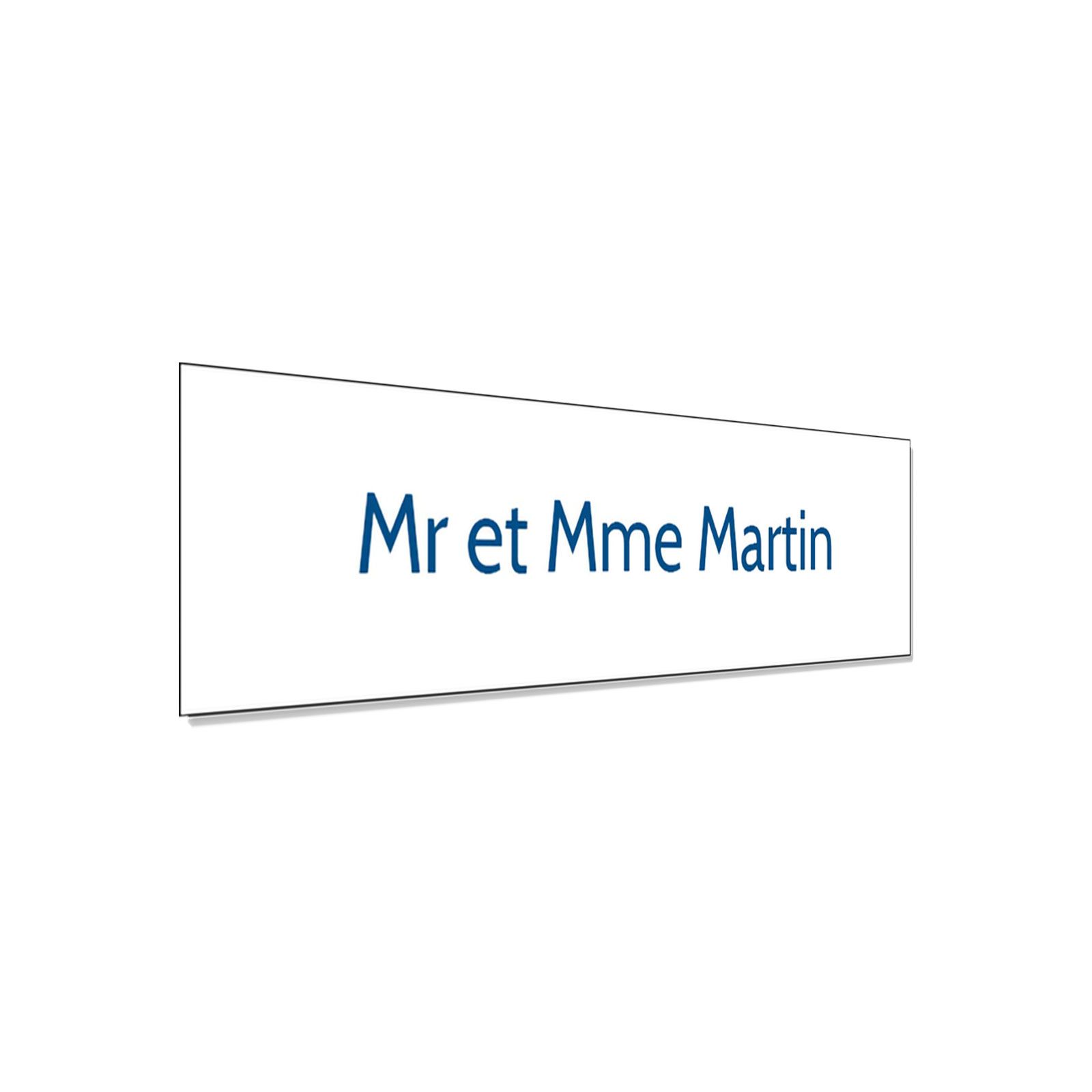 Plaque adhésive interphone personnalisée - Étiquette PVC blanche lettres bleues - Gravure laser durable - 60x15 mm, épaisseur 1,