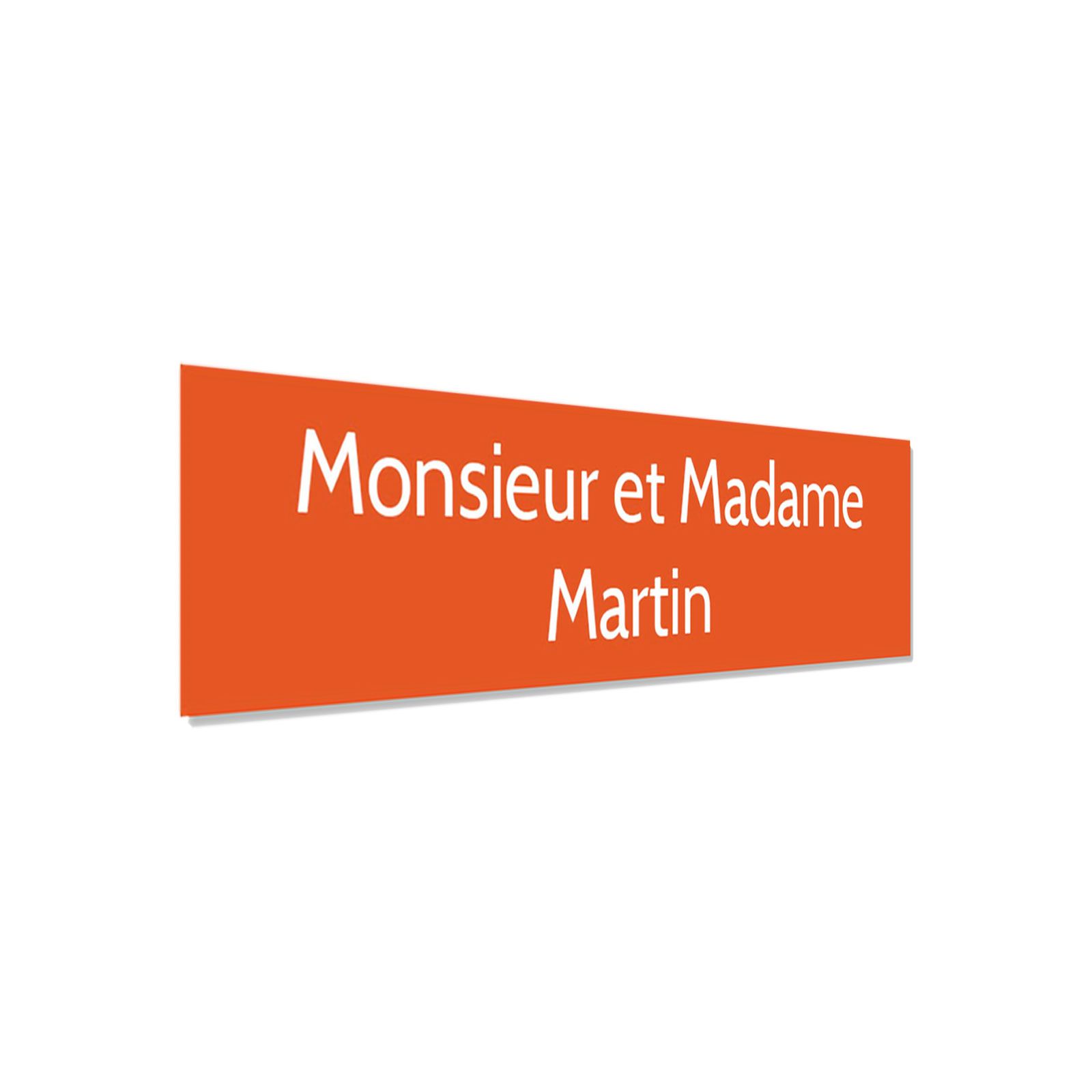 Plaque adhésive interphone personnalisée gravure laser - PVC orange lettres blanches - 60x15 mm, épaisseur 1,6 mm, adhésif 3M do