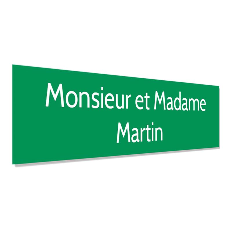 Plaque adhésive interphone personnalisée - PVC vert pomme lettres blanches - 60x15 mm, gravure laser 2 lignes, adhésif 3M double Plaque adhésive interphone personnalisée - PVC vert pomme lettres blanches - 60x15 mm, gravure laser 2 lignes, adhésif 3M double