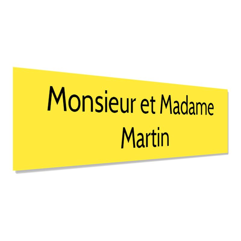 Plaque adhésive interphone personnalisée gravure laser - PVC jaune lettres noires - 60x15 mm, épaisseur 1,6 mm, adhésif 3M doubl Plaque adhésive interphone personnalisée gravure laser - PVC jaune lettres noires - 60x15 mm, épaisseur 1,6 mm, adhésif 3M doubl