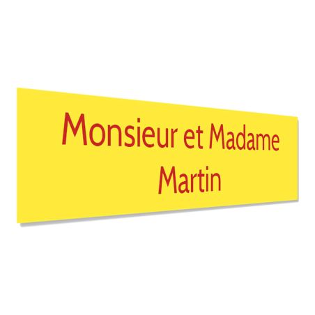 Plaque adhésive interphone personnalisée gravure laser - PVC jaune lettres rouges - 60x15 mm, épaisseur 1,6 mm, adhésif 3M doubl