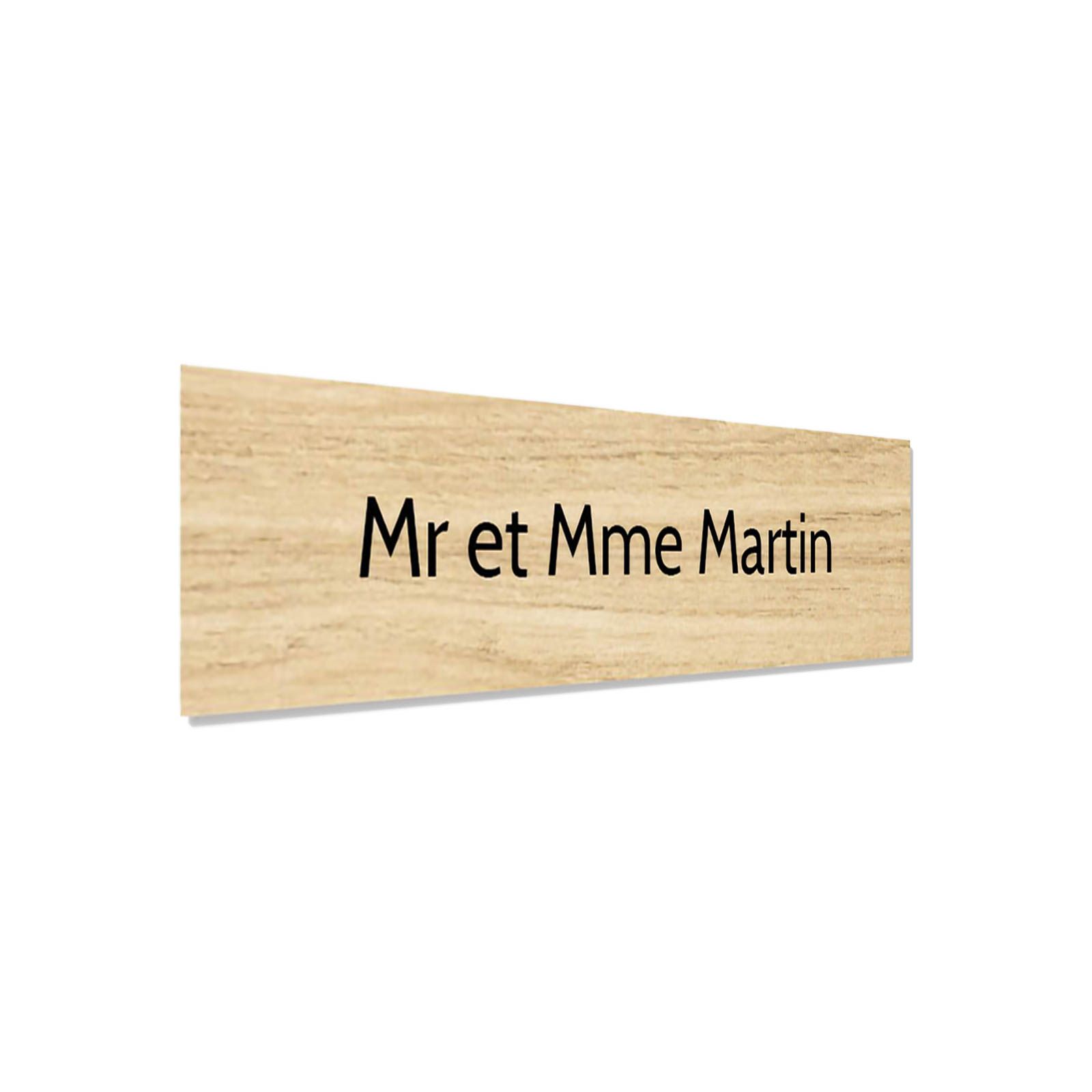 Plaque adhésive interphone personnalisée gravure laser - plastique bi-couche effet bois clair lettres noires - 60x15 mm épaisseu