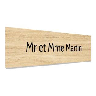Plaque adhésive interphone personnalisée gravure laser - plastique bi-couche effet bois clair lettres noires - 60x15 mm épaisseu