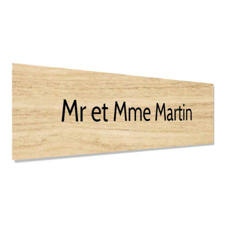 Plaque adhésive interphone personnalisée gravure laser - plastique bi-couche effet bois clair lettres noires - 60x15 mm épaisseu