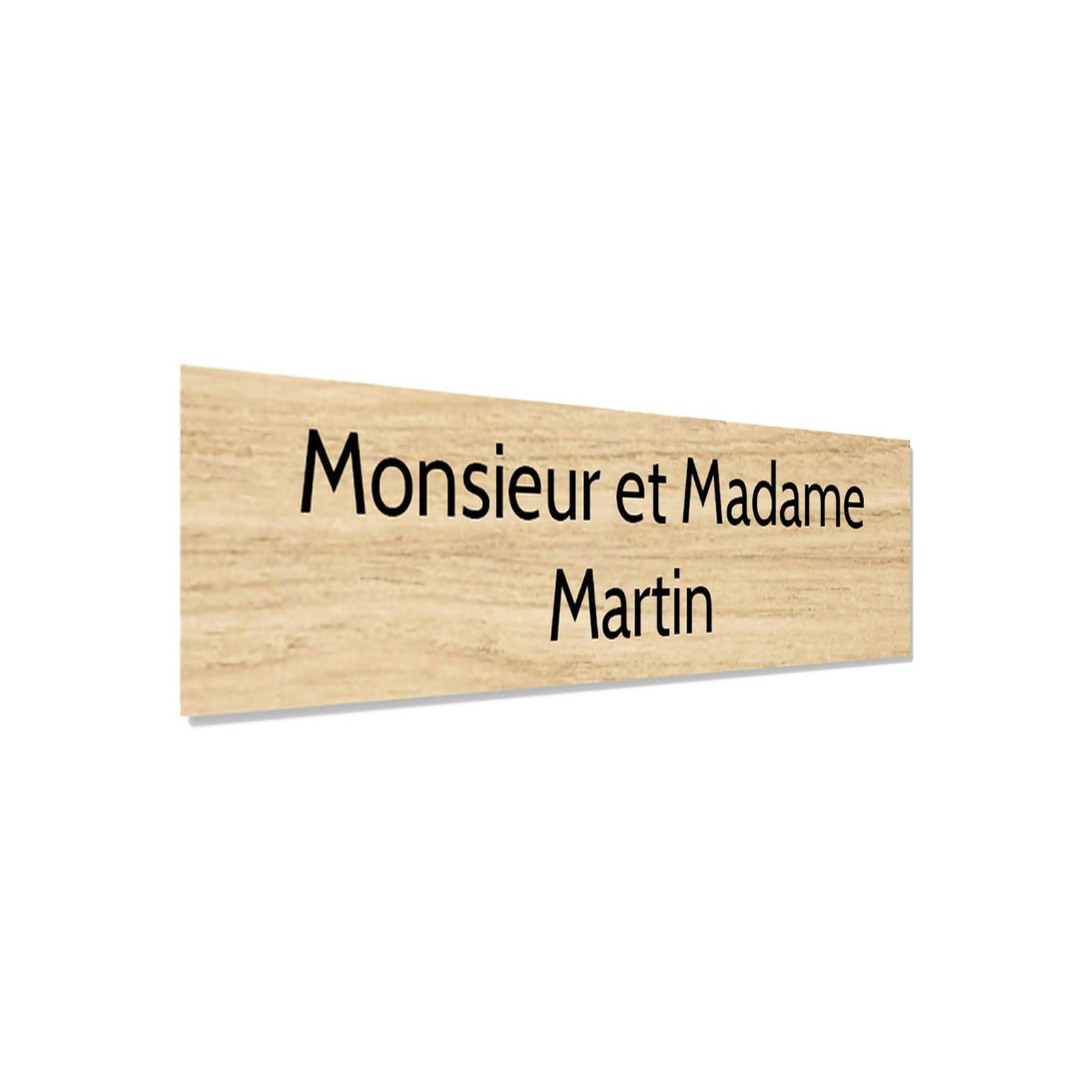 Plaque adhésive interphone personnalisée - Étiquette plastique bi-couche effet bois clair - Gravure laser noire, 60x15 mm, épais