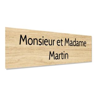 Plaque adhésive interphone personnalisée - Étiquette plastique bi-couche effet bois clair - Gravure laser noire, 60x15 mm, épais
