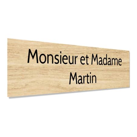 Plaque adhésive interphone personnalisée - Étiquette plastique bi-couche effet bois clair - Gravure laser noire, 60x15 mm, épais