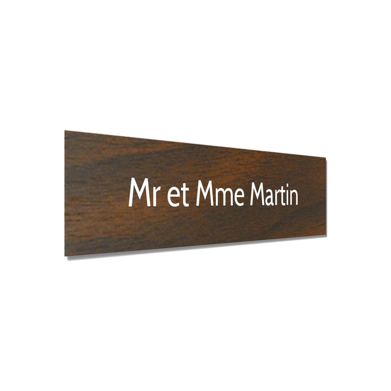 Plaque adhésive interphone personnalisée gravure laser - PVC effet bois foncé lettres blanches - 60x15 mm, épaisseur 1,6 mm, adh