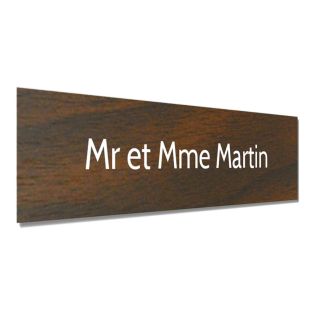 Plaque adhésive interphone personnalisée gravure laser - PVC effet bois foncé lettres blanches - 60x15 mm, épaisseur 1,6 mm, adh