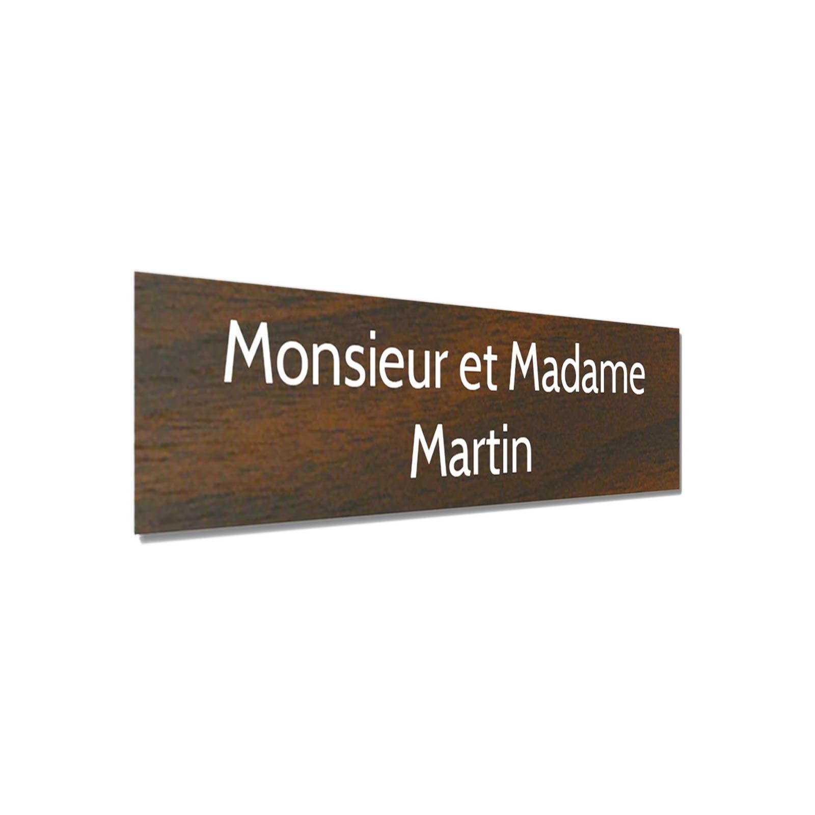 Plaque interphone personnalisée gravure laser - PVC effet bois foncé lettres blanches - 60x15 mm, adhésive 3M, résistante UV et 