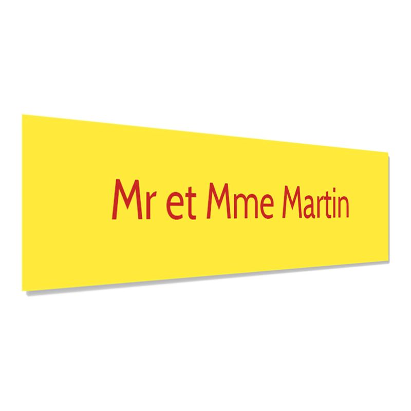 Plaque adhésive interphone personnalisée gravure laser - plastique bi-couche jaune lettres rouges - 60x15 mm, épaisseur 1,6 mm, Plaque adhésive interphone personnalisée gravure laser - plastique bi-couche jaune lettres rouges - 60x15 mm, épaisseur 1,6 mm,