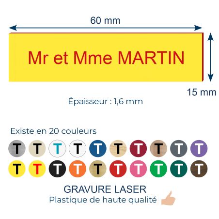 Plaque adhésive interphone personnalisée gravure laser - plastique bi-couche jaune lettres rouges - 60x15 mm, épaisseur 1,6 mm, 