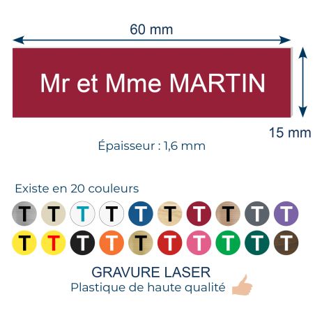 Plaque adhésive interphone personnalisée - Étiquette PVC bordeaux lettres blanches - Gravure laser durable - 60x15 mm, épaisseur