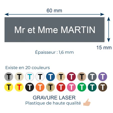 Plaque adhésive interphone personnalisée - Étiquette plastique bi-couche grise lettres blanches - Gravure laser durable - 60x15 