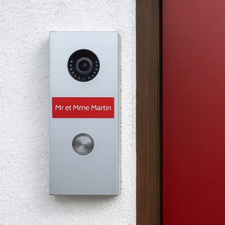 Plaque adhésive interphone personnalisée - PVC rouge lettres blanches - Gravure laser durable - 60x15 mm, épaisseur 1,6 mm, adhé