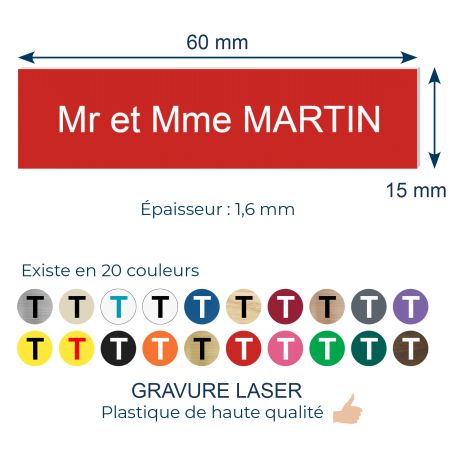 Plaque adhésive interphone personnalisée - PVC rouge lettres blanches - Gravure laser durable - 60x15 mm, épaisseur 1,6 mm, adhé