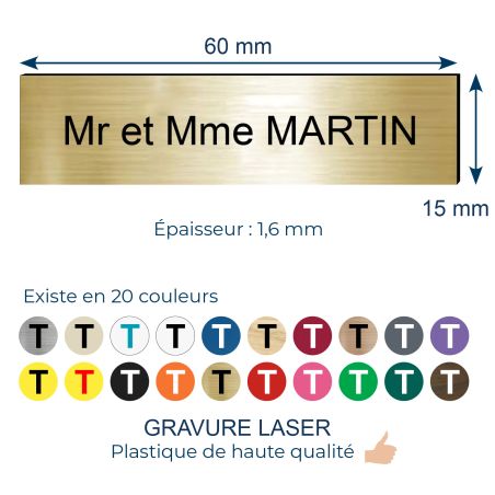 Plaque adhésive interphone personnalisée - Étiquette PVC or brossé lettres noires - Gravure laser durable - 60x15 mm, épaisseur 