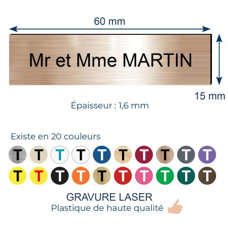 Plaque adhésive interphone personnalisée - Étiquette plastique bi-couche couleur cuivre lettres noires - Gravure laser résistant