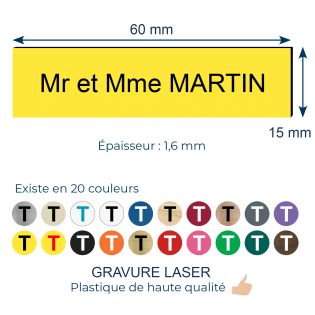 Plaque adhésive interphone personnalisée gravure laser - PVC jaune lettres noires - 60x15 mm, épaisseur 1,6 mm, adhésif 3M doubl