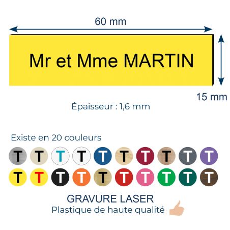 Plaque adhésive interphone personnalisée gravure laser - PVC jaune lettres noires - 60x15 mm, épaisseur 1,6 mm, adhésif 3M doubl