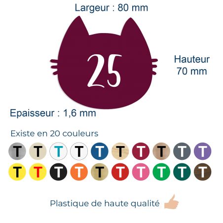 Numéro fantaisie personnalisable pour boite aux lettres couleur bordeaux chiffres blancs - Modèle Chat