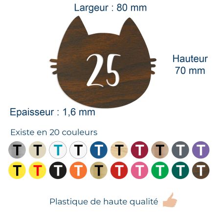 Numéro fantaisie personnalisable pour boite aux lettres couleur effet bois foncé chiffres blancs - Modèle Chat