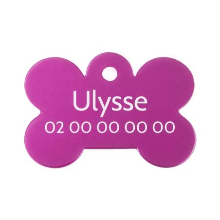 Médaille Rose en forme d'os pour chien à personnaliser sur 1 à 2 lignes - Petit format 20x30 mm