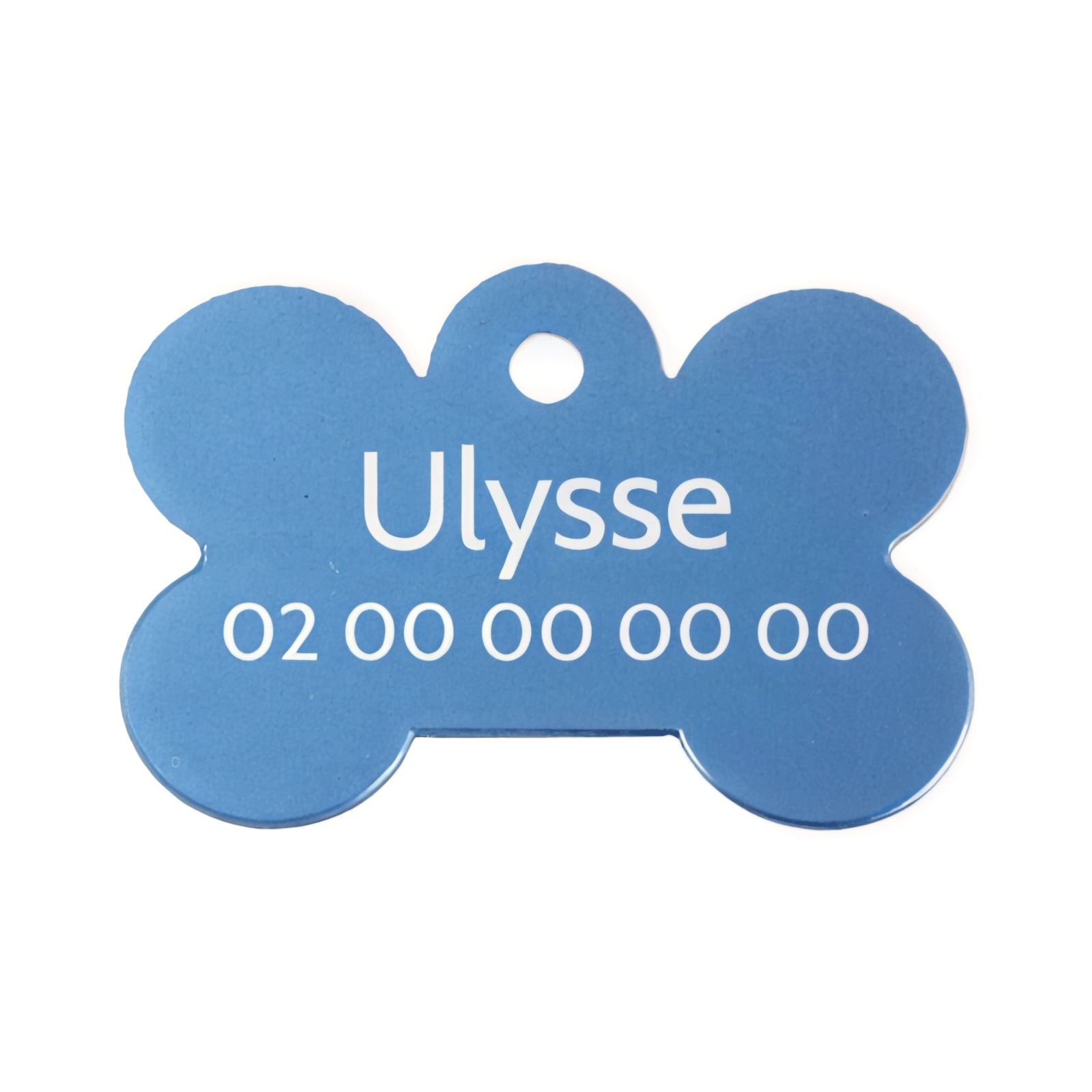 Médaille Bleu en forme d'os pour chien à personnaliser sur 1 à 2 lignes - Petit format 20x30 mm